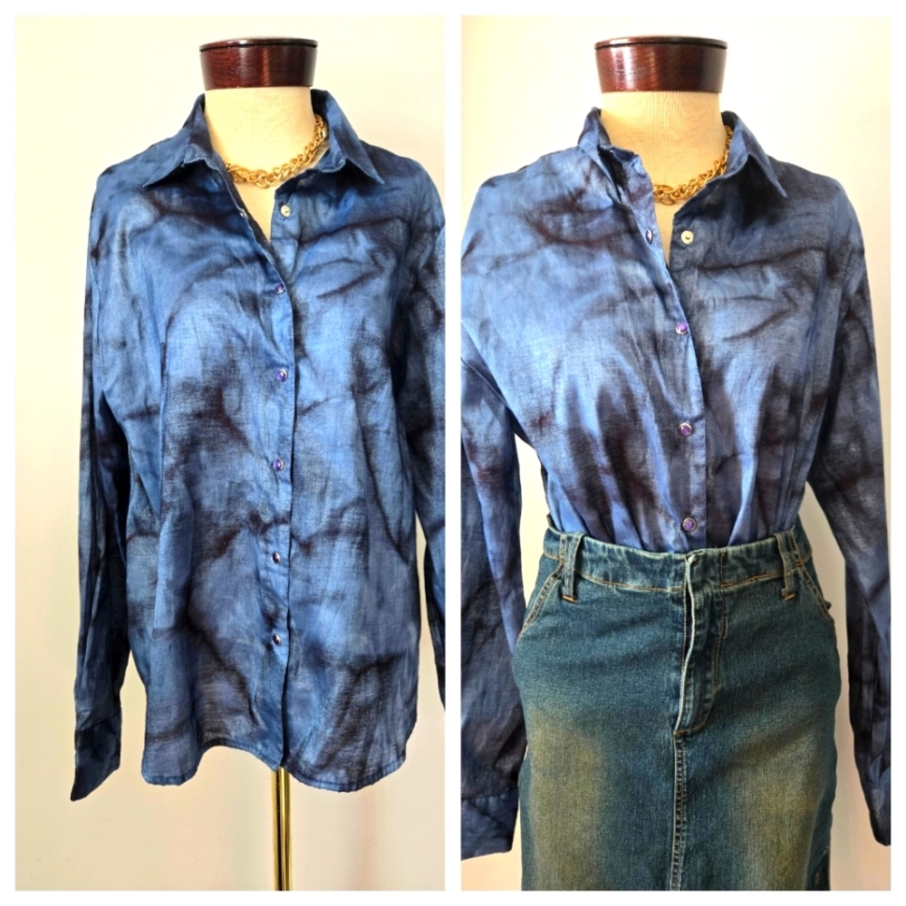 PANHANDLE SLIM blue and Black Marbled Western Button-Up Shirt. Size Large